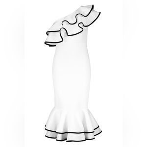 Boohoo One Shoulder Frill Contrast Hem Midi Dress 🤍🖤